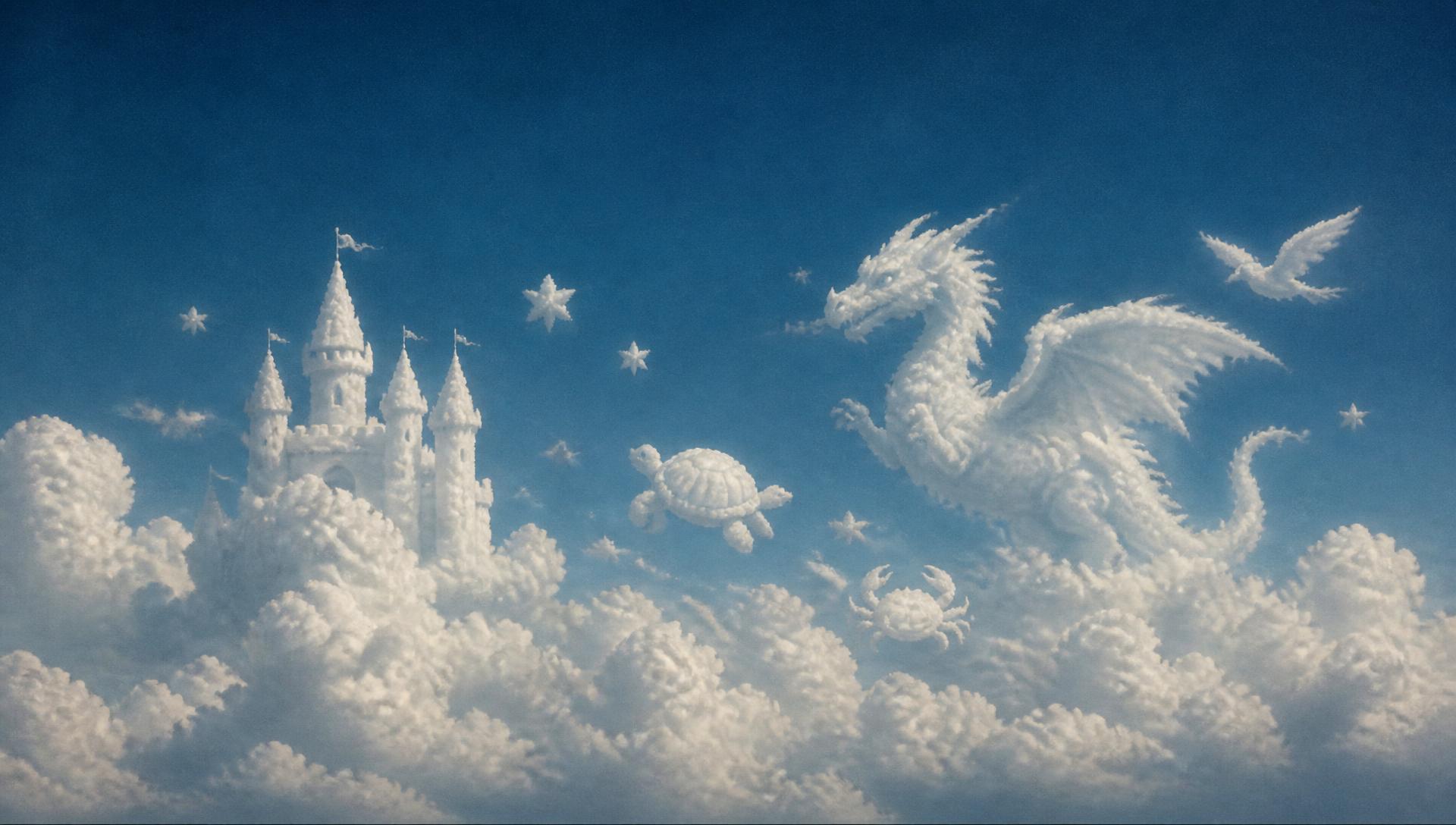 Weiche cremefarbene Wolken, die eine Burg, einen Drachen, eine Schildkröte, eine Krabbe, eine Möwe und kleine Sterne formen